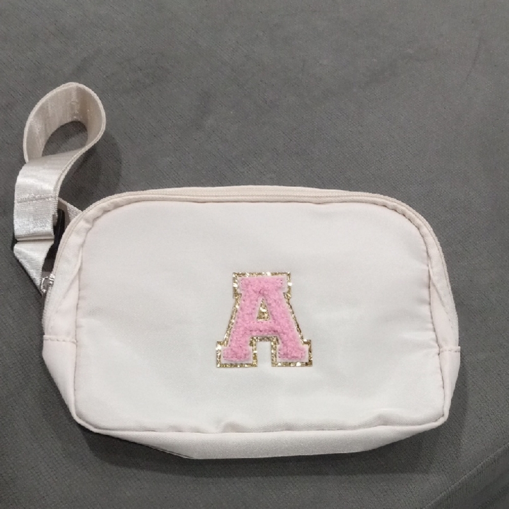 Personalized Initials Crossbody Belt Bag Cream W/ Pink Letter A
